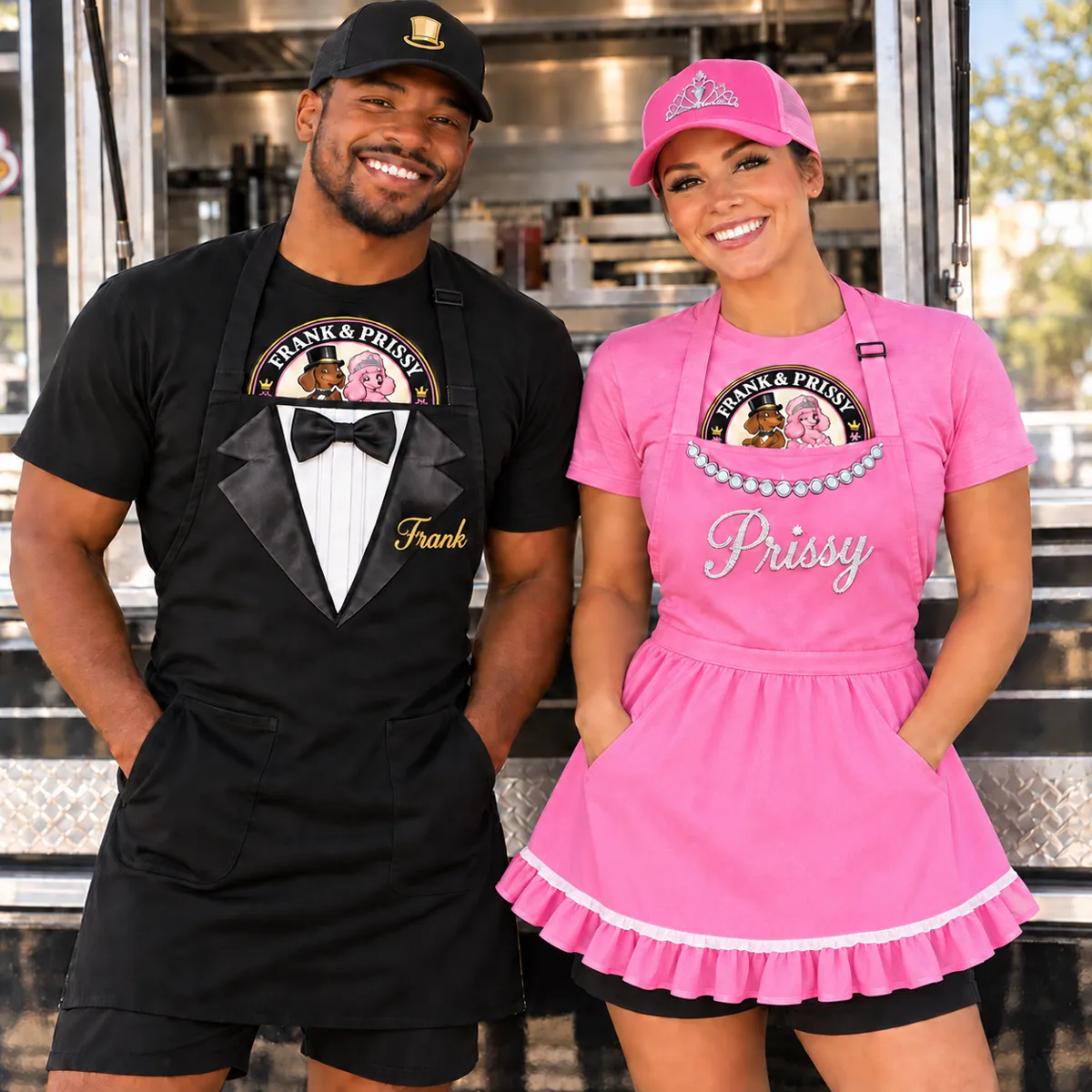 Frank & Prissy crew uniforms: logo t-shirts under tuxedo and ruffled pink aprons