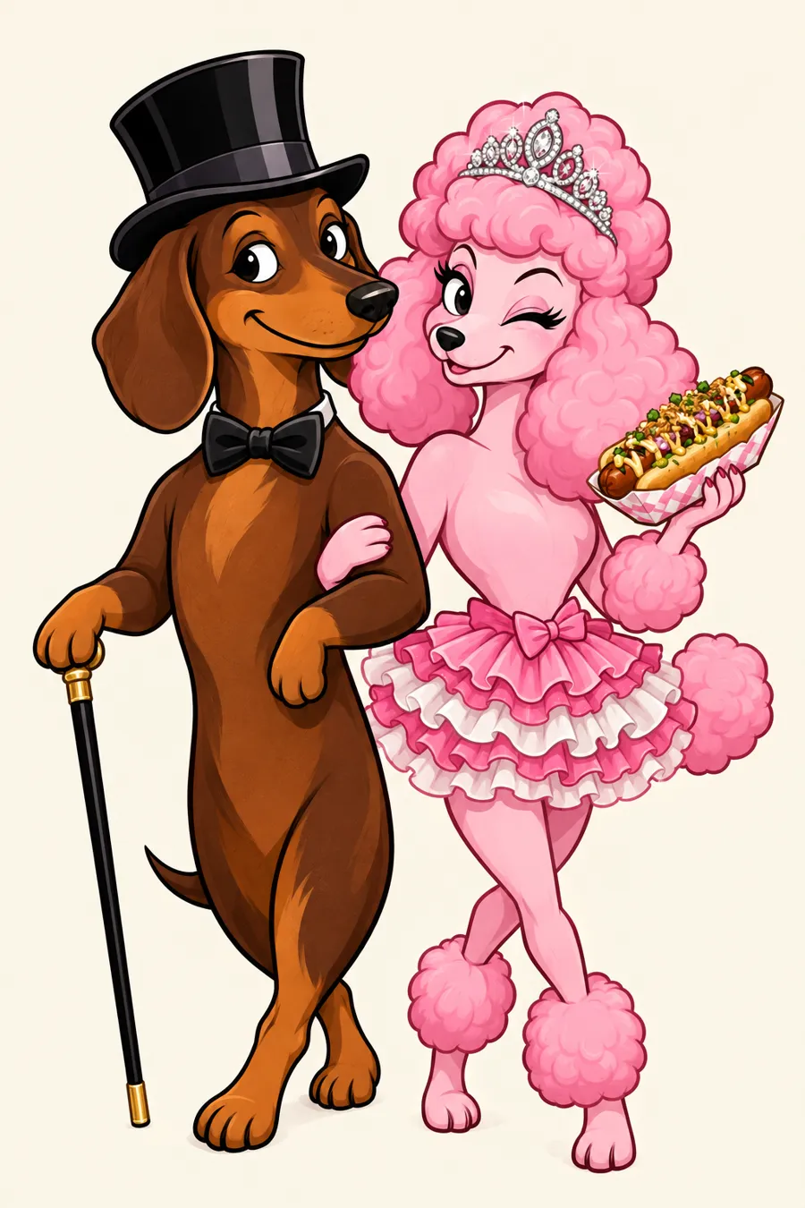 Frank the dachshund in a top hat and Prissy the pink poodle in a tiara, the Frank & Prissy mascots