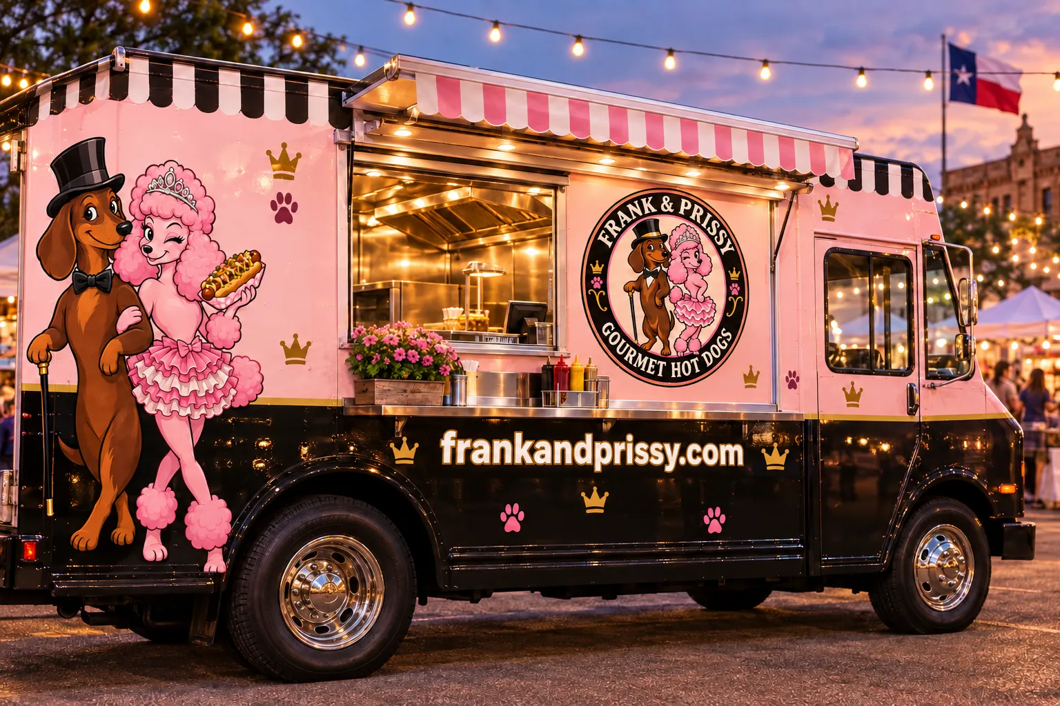 The black and pink Frank & Prissy food truck with its service window open and frankandprissy.com on the side